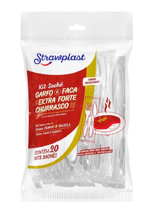 Garfo E Faca Extra Forte Churrasco Branco Kit Sache 20Un Strawplast - Pacote C/20 Un