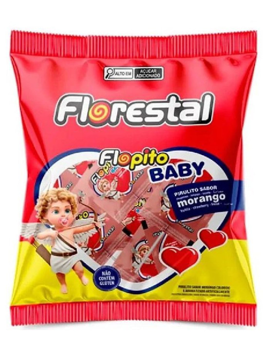 Pirulito Flopito Baby Coração Morango 200Gr C/50 Un Florestal - Pacote Pirulito Flopito Baby Coração Morango 200Gr C/50 Un Florestal - Pacote