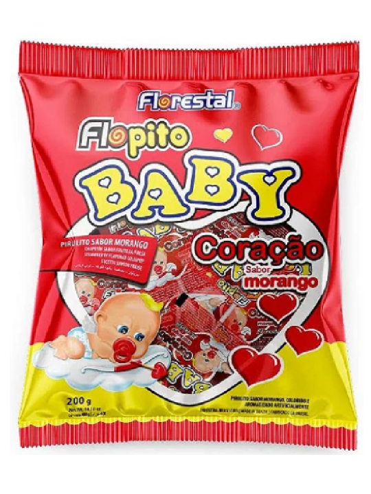 Pirulito Flopito Baby Coração Morango 200Gr C/50 Un Florestal - Pacote