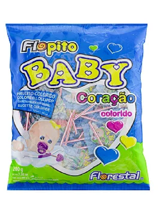 Pirulito Flopito Baby Coração Colorido 200Gr C/50 Un Florestal - Pacote