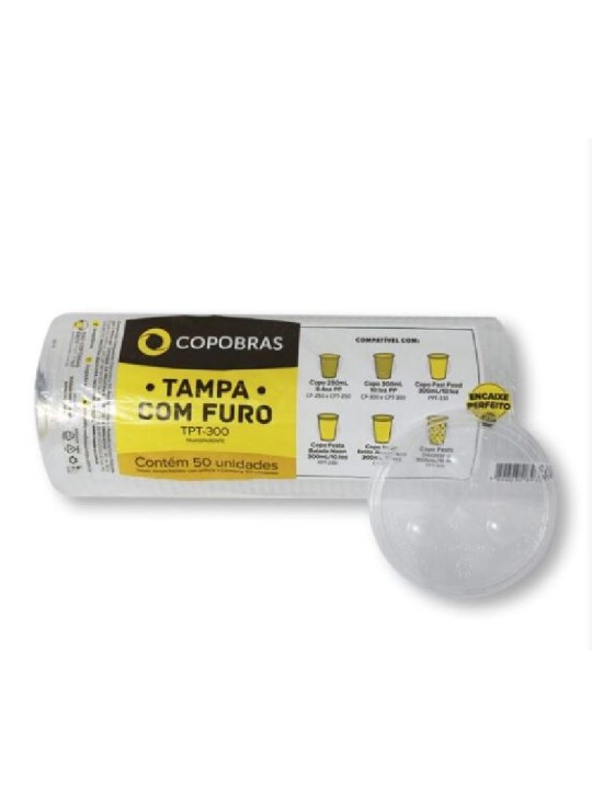 Tampa Plast Transp Pp C/Furo P/Copo 300/330/250Ml Tpt-300 Copobras - Pacote C/50 Un