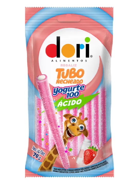 Bala Canudinho Tubo Recheado Yogurte Acido Regaliz 70Gr Dori - Pacote