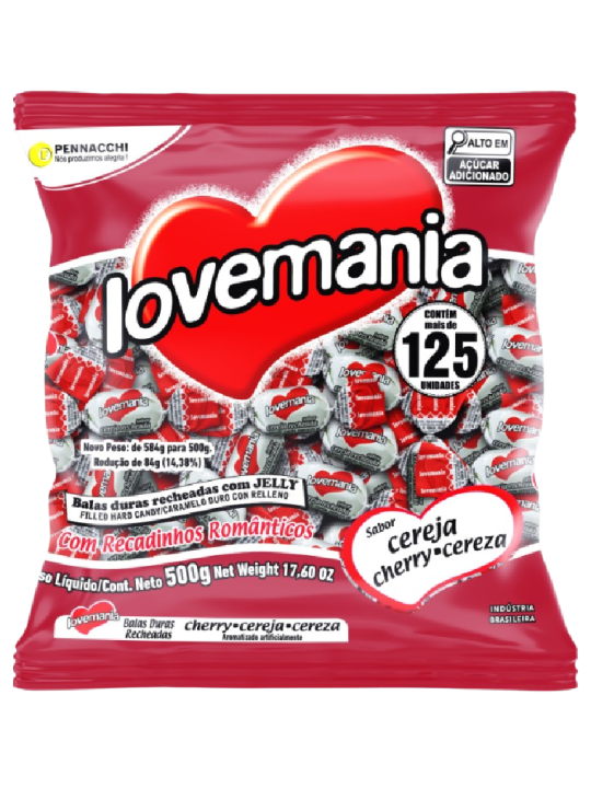 Bala Love Mania Cereja 500Gr Pennacchi - Pacote