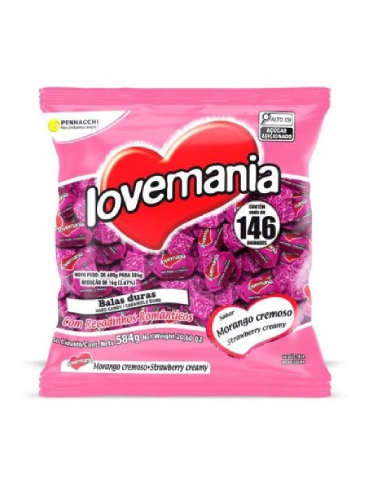 Bala Love Mania Morango Cremoso 500Gr Pennacchi - Pacote