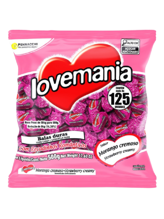 Bala Love Mania Morango Cremoso 500Gr Pennacchi - Pacote
