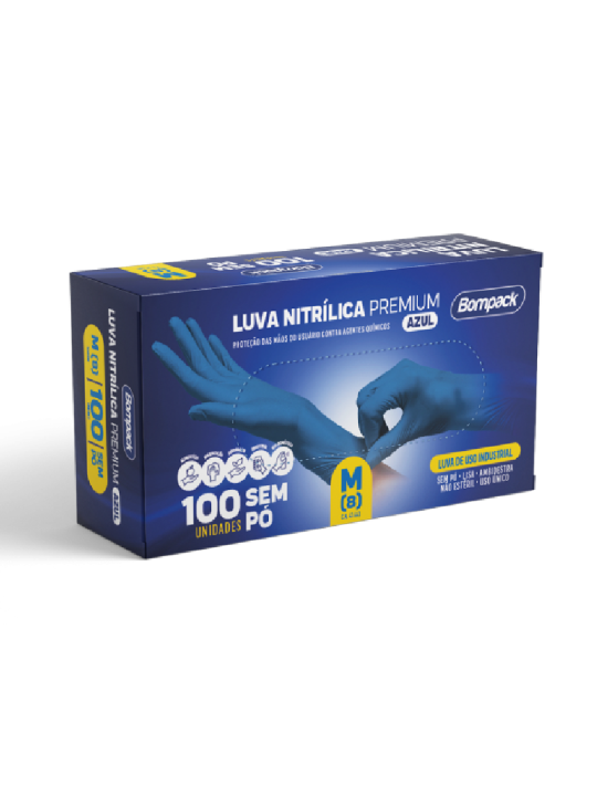 Luva Nitrilica M S/Po Azul Premium Caixa C/100 Un Bompack - Caixa