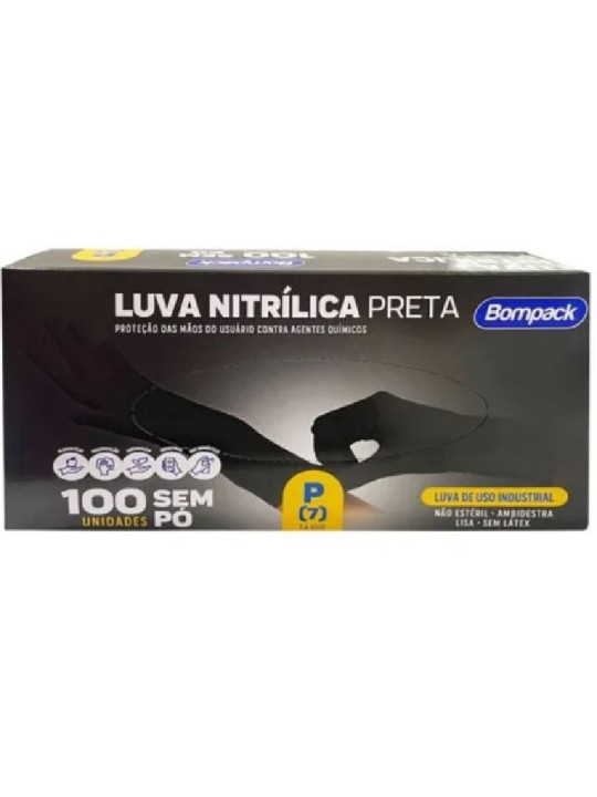 Luva Nitrilica P S/Po Preta Caixa C/100 Un Bompack - Caixa