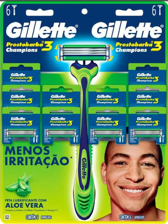 Aparelho Prestobarba C/3 Laminas Champions Gillette Aloe Vera - Cartela C/ 6 Un