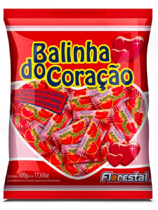 Bala Coraçao Morango 500G Florestal - Pacote