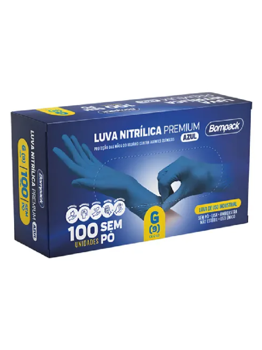 Luva Nitrilica G S/Po Azul Premium Caixa C/100Un Bompack - Caixa C/100Un