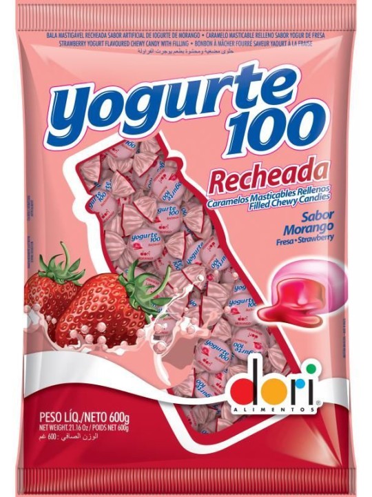 Bala Yogurte Morango Recheada 600Gr Dori - Pacote