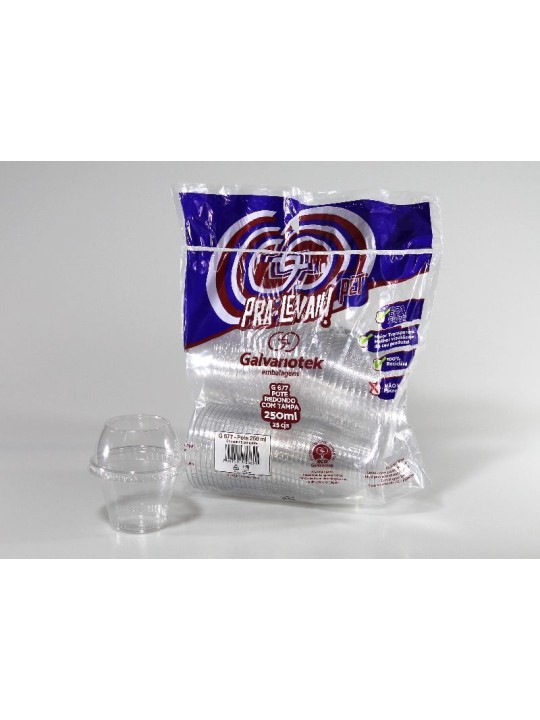 Copo Plast Cristal Pet 250Ml C/ Tampa G677 Sf Galvanotek - Pacote C/25 Un