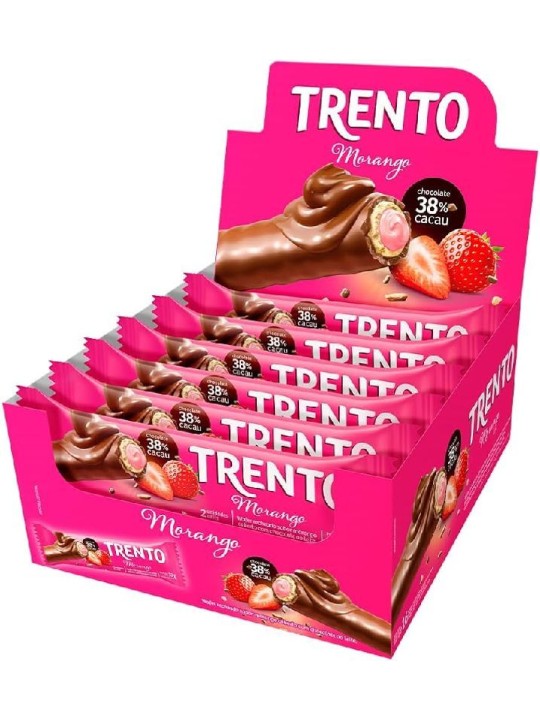 Trento Wafer Rolinhos Morango 16X2Un 512Gr Peccin - Display C/16 Un